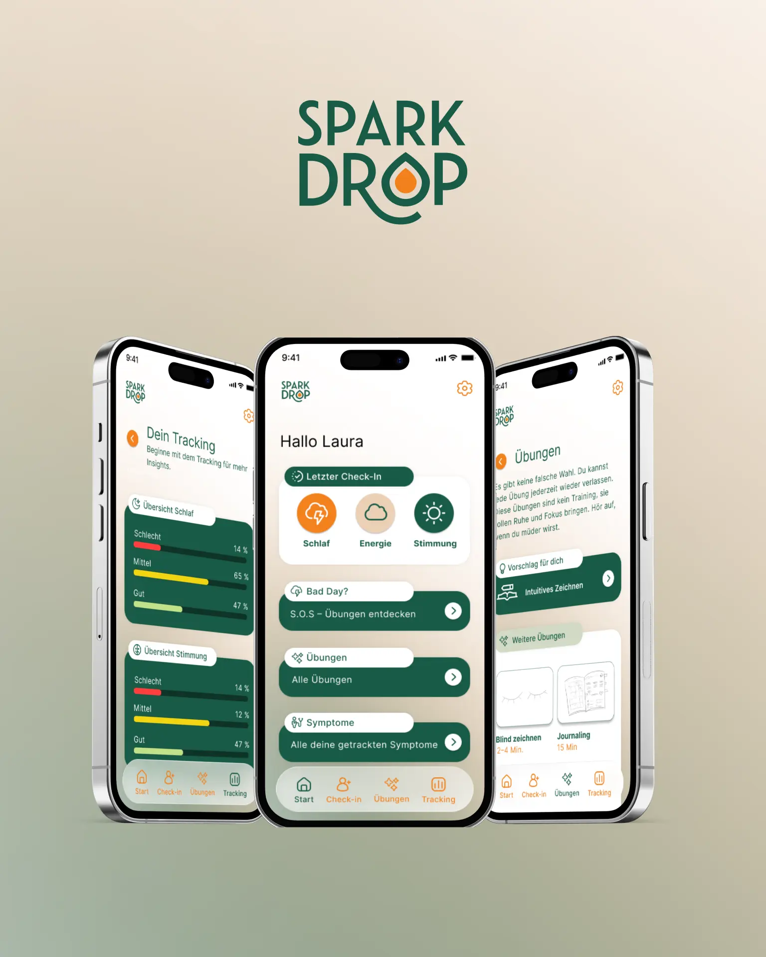 Drei iPhone-Screens der App Spark Drop unter dem Logo: die Tracking-Übersicht mit Schlaf- und Stimmungsverlauf, der Startbildschirm mit Check-in für Schlaf, Energie und Stimmung sowie die Auswahl kurzer Übungen.